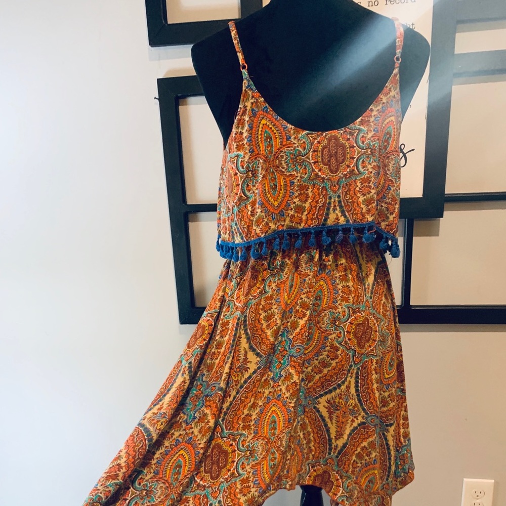 Strappy Boho midi dress: fringe & paisley design